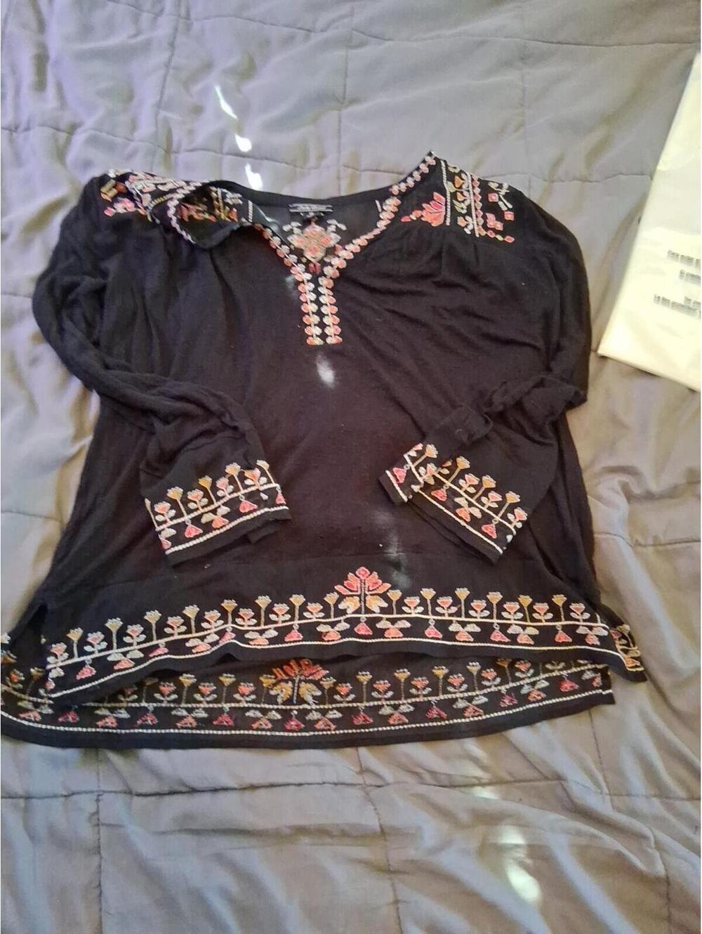 Lucky Brand Black Boho Floral Embroidered Tunic Womens M Long Sleeve See Pic A2